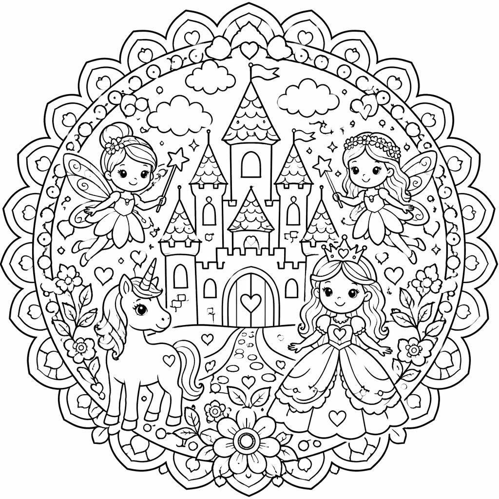 Ilustración para colorear en blanco y negro de un castillo de princesa de cuento con estilo mandala de hadas.