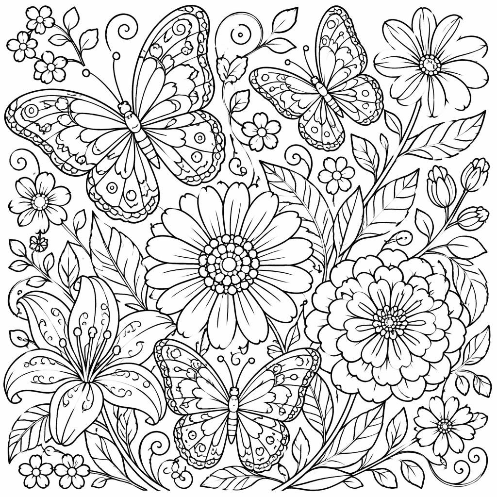 Página para colorear en blanco y negro con mariposas y flores detalladas, estilo zentangle, contornos limpios.