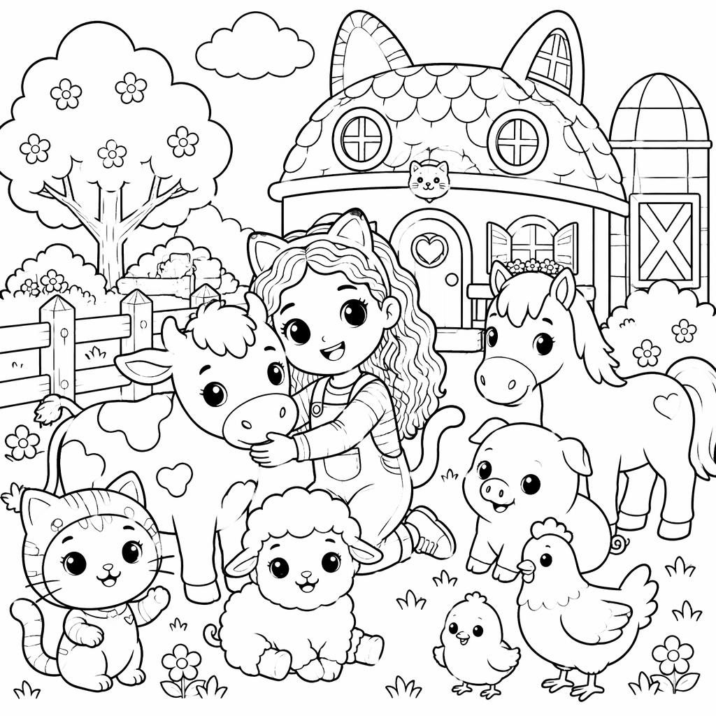 Illustration en noir et blanc d’animaux de la ferme pour enfants, style manga, contours nets à colorier.