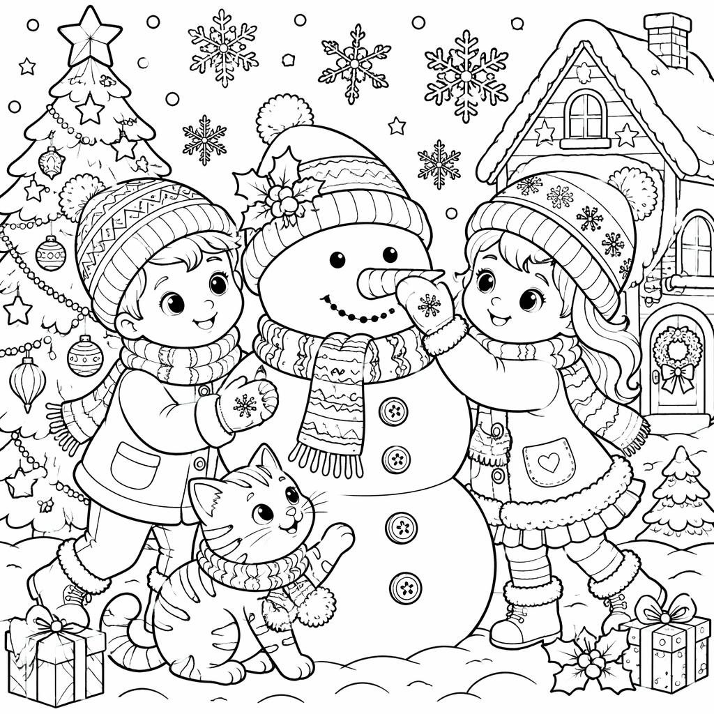 Illustration à colorier en noir et blanc avec un chat joueur, des enfants et un bonhomme de neige style cartoon détaillé.