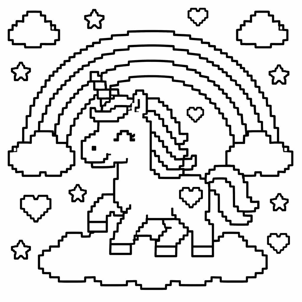 Illustration noir et blanc d’une licorne simple avec arc-en-ciel, en lignes épaisses, style coloriage enfant.