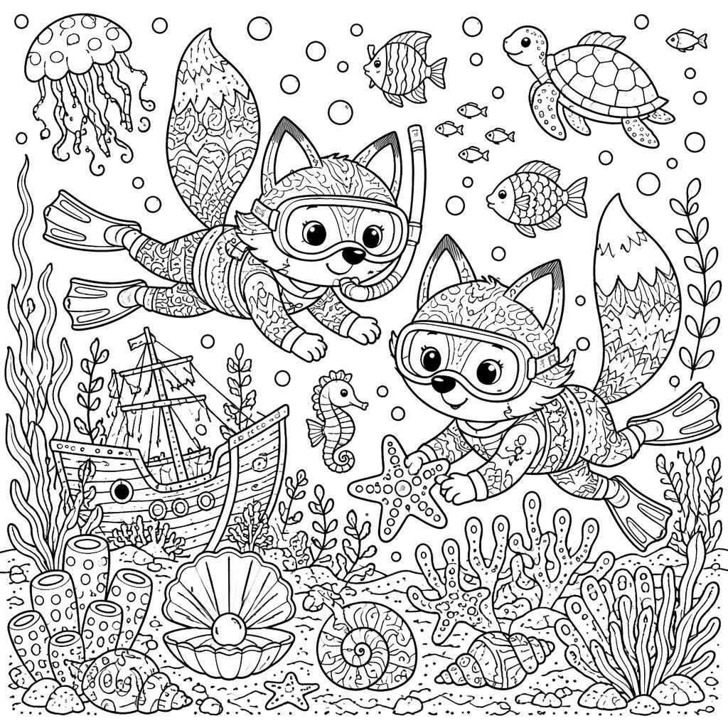 Schwarz-weiße Ausmalbild-Illustration mit kindlicher Unterwasser-Ozeanszene, Fischen, Pflanzen und klaren Linien