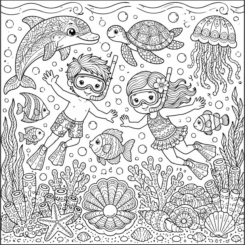 Illustration à colorier en noir et blanc d’une scène sous-marine pour enfants, avec poissons, coraux et motifs zentangle