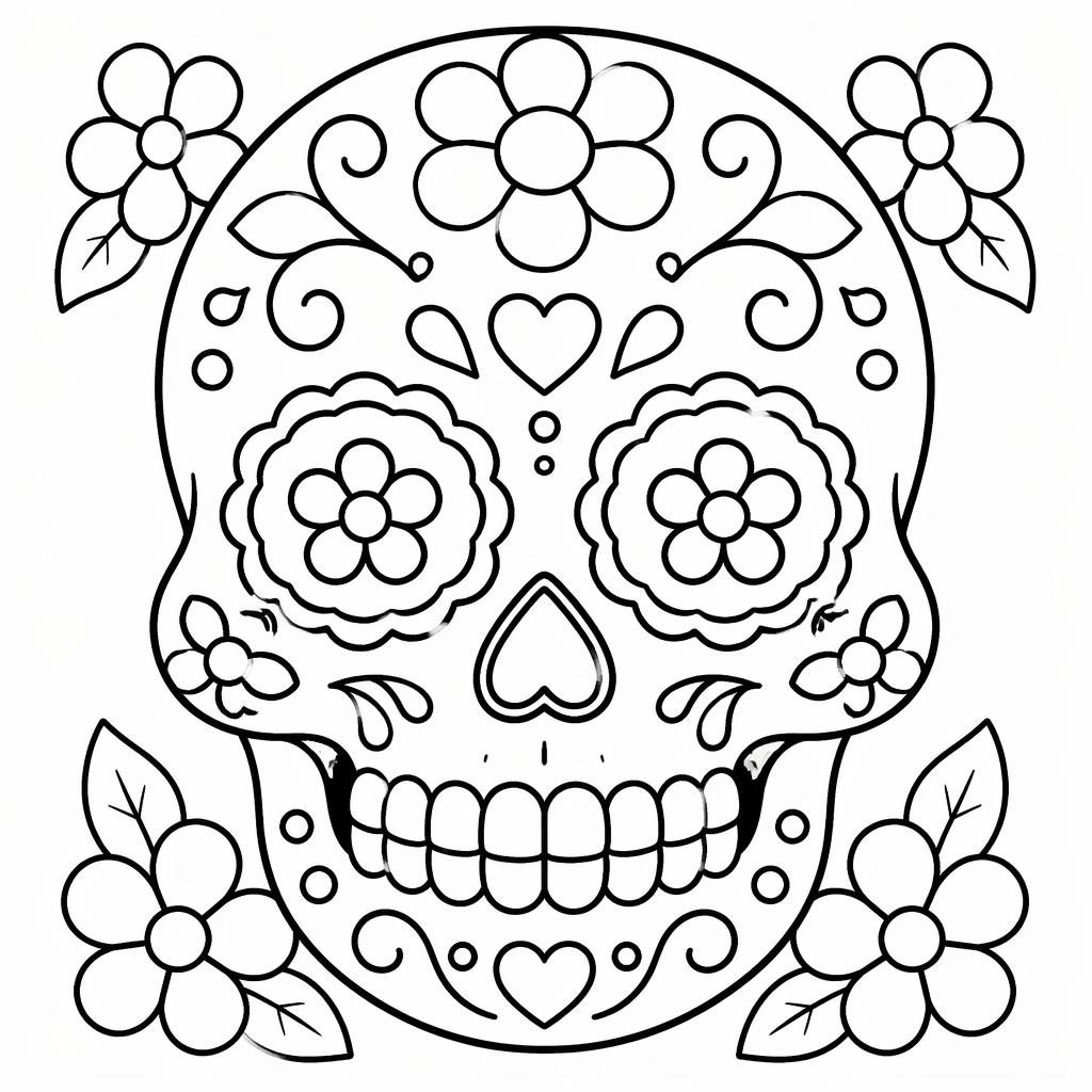 Illustration noir et blanc d’une tête de mort en sucre Dia de los Muertos, style cartoon mignon, traits épais.
