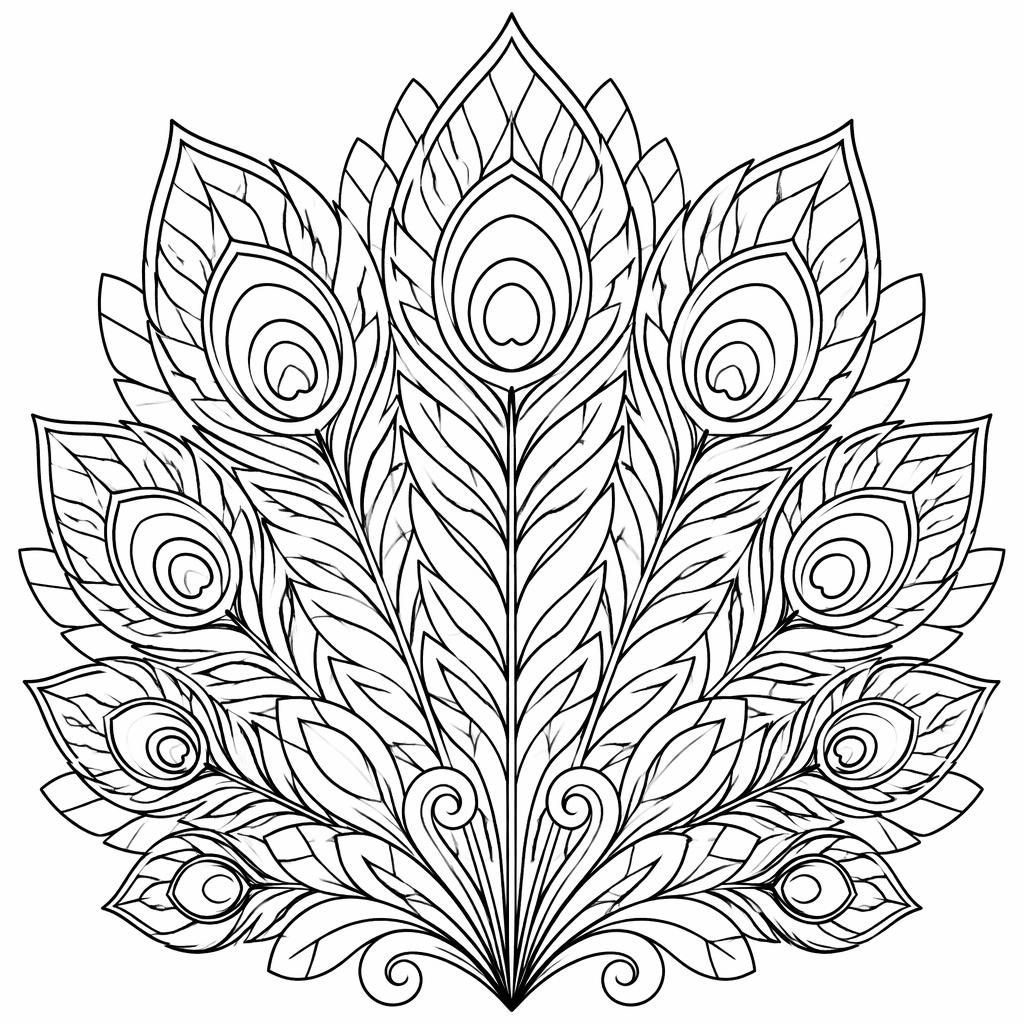Black-and-white coloring page with simple peacock feather mandala line art, bold outlines, and closed shapes on white.