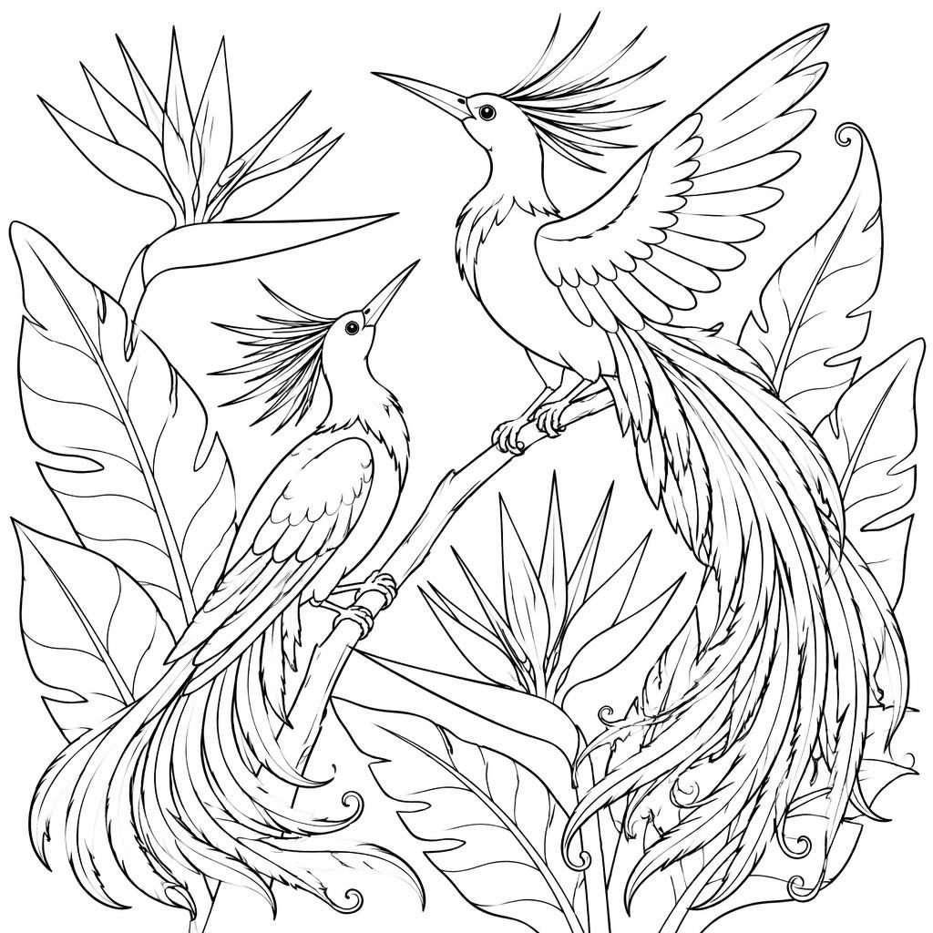 Schwarz-weiße Ausmalbild-Illustration mit detaillierten Paradiesvögeln im niedlichen Cartoon-Stil als Line-Art