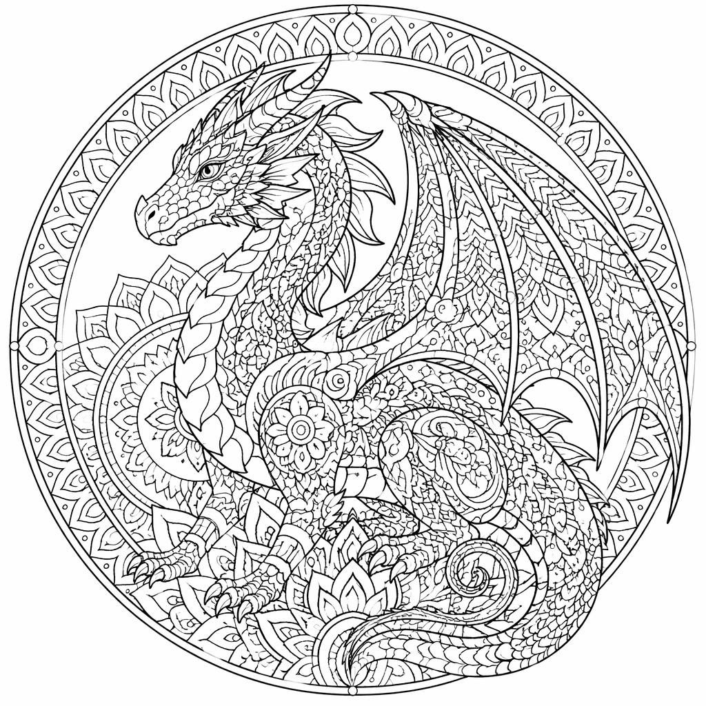 Illustration noir et blanc d’un dragon fantasy adulte en style zentangle, avec contours nets à colorier.