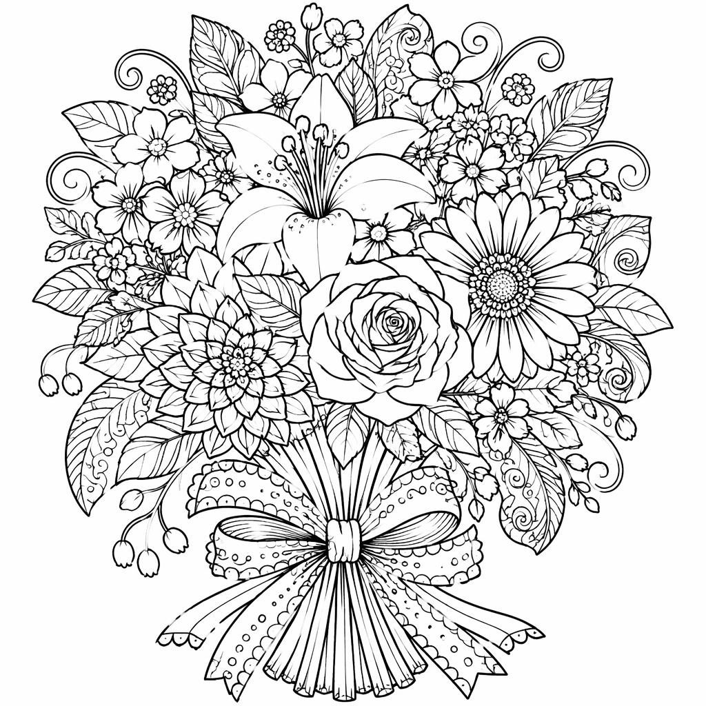 Schwarz-weiße Ausmalseite mit detailliertem Blumenstrauß im Zentangle-Stil, klare Konturen auf weißem Hintergrund