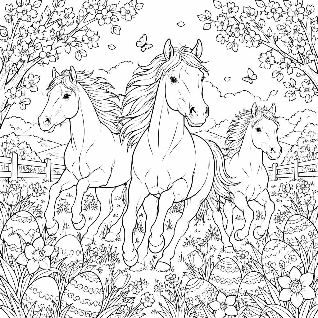 Illustration noir et blanc de plusieurs chevaux courant, en line art détaillé style manga, sur fond blanc.