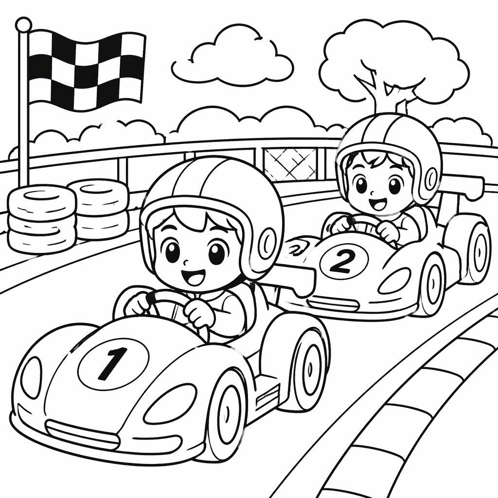 Ilustración en blanco y negro de coches de carreras para niños, estilo manga simple, contornos limpios para colorear.
