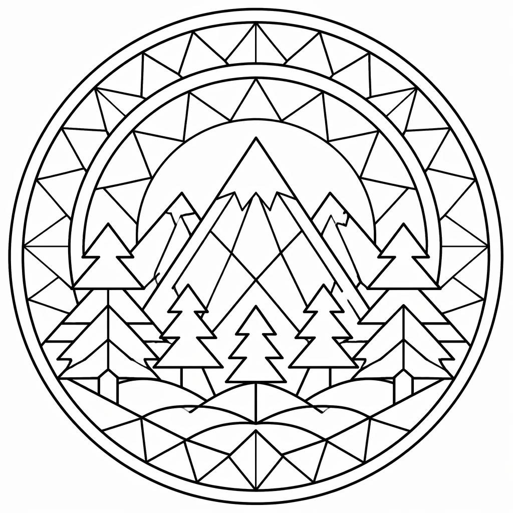 Página para colorear en blanco y negro con montañas y pinos, estilo mandala simple y contornos limpios.