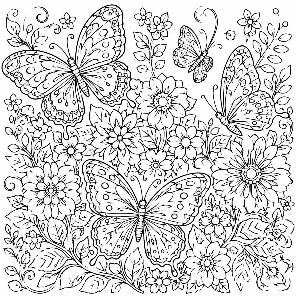 Illustration à colorier en noir et blanc avec papillons détaillés, fleurs complexes et motifs inspirés du manga