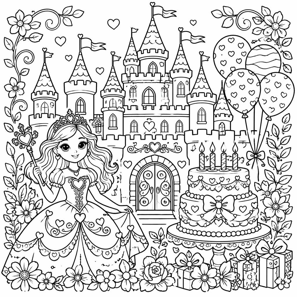 Illustration à colorier en noir et blanc d’un château de princesse féerique pour enfants, style doodle détaillé.