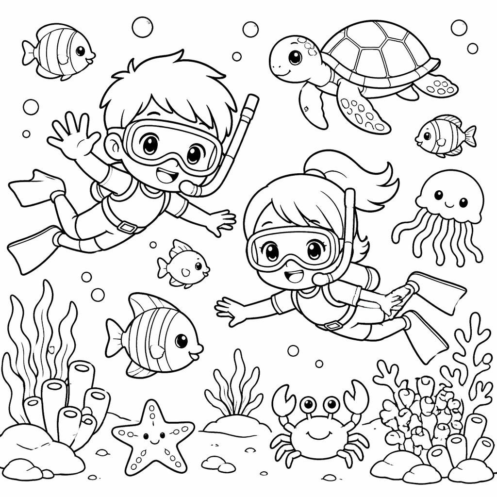 Ilustración para colorear en blanco y negro de una escena submarina infantil con estilo manga simple.
