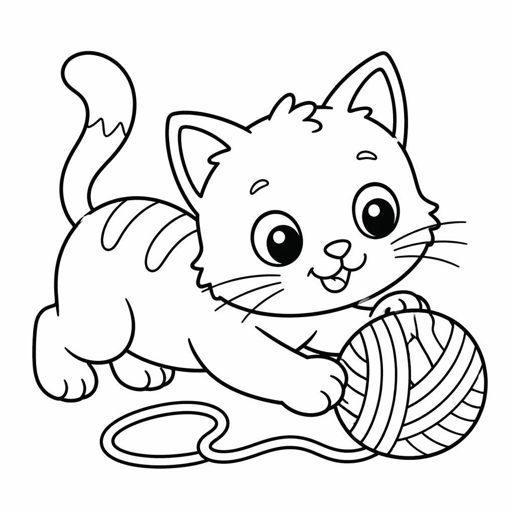 Illustration noir et blanc d’un chaton mignon avec une pelote de laine, style dessin simple pour enfants.