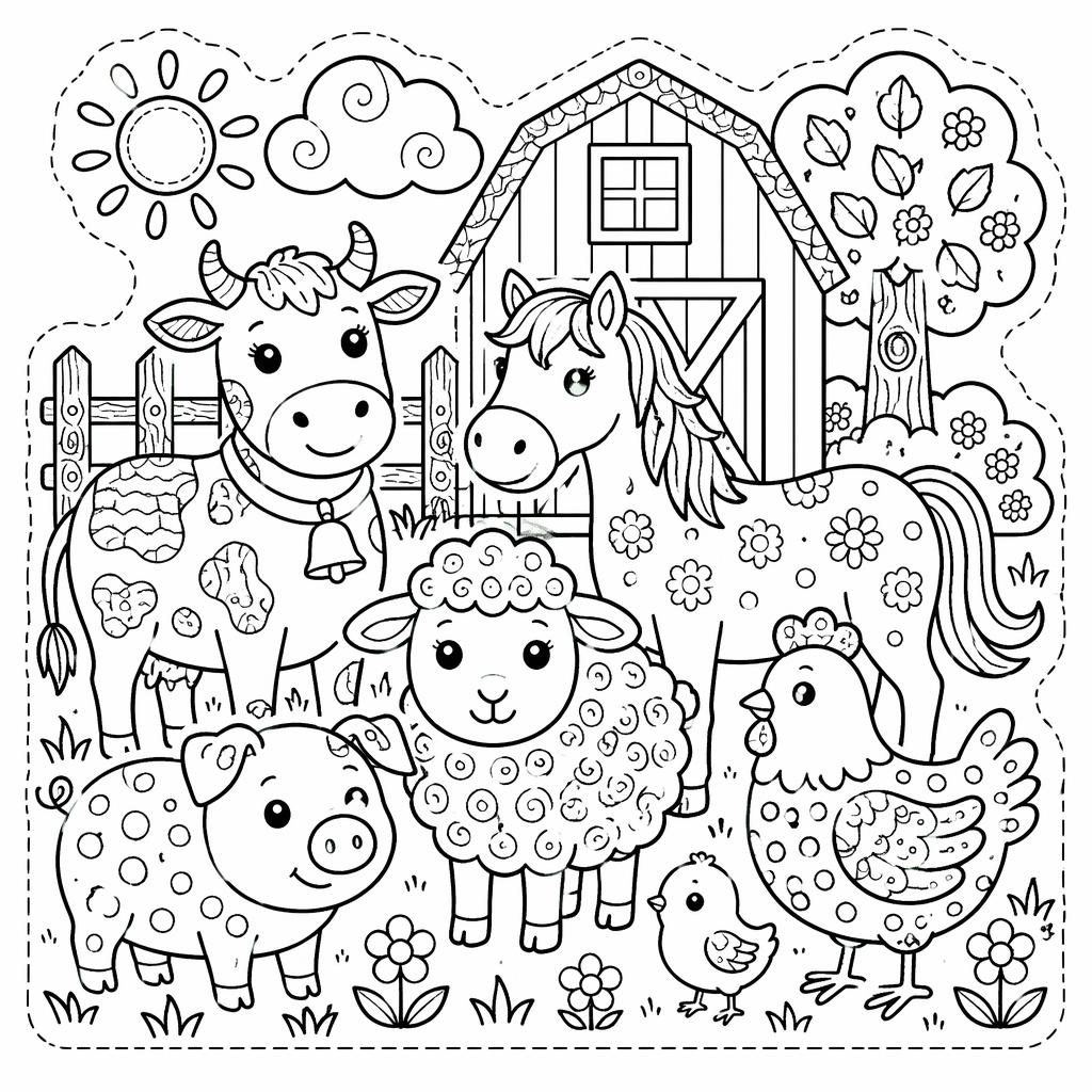 Illustration noir et blanc d’animaux de la ferme pour enfants, style doodle, contours nets à colorier et découper.