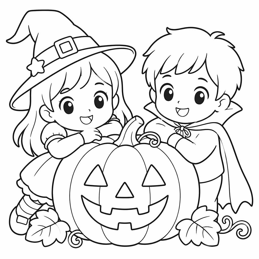 Ilustración para colorear en blanco y negro de niños con una calabaza de Halloween, estilo manga simple.