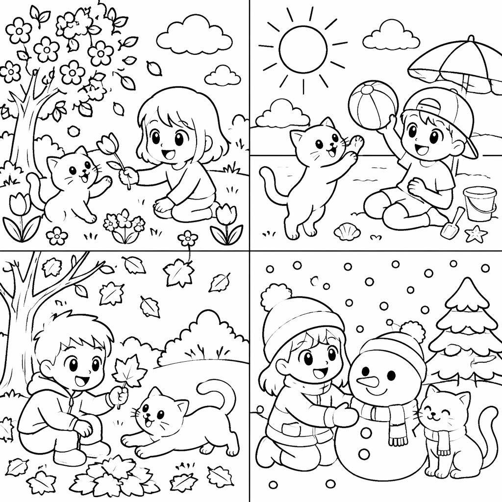 Schwarz-weißes jahreszeiten ausmalbild mit einer Katze und spielenden Kindern im einfachen Manga-Linienstil