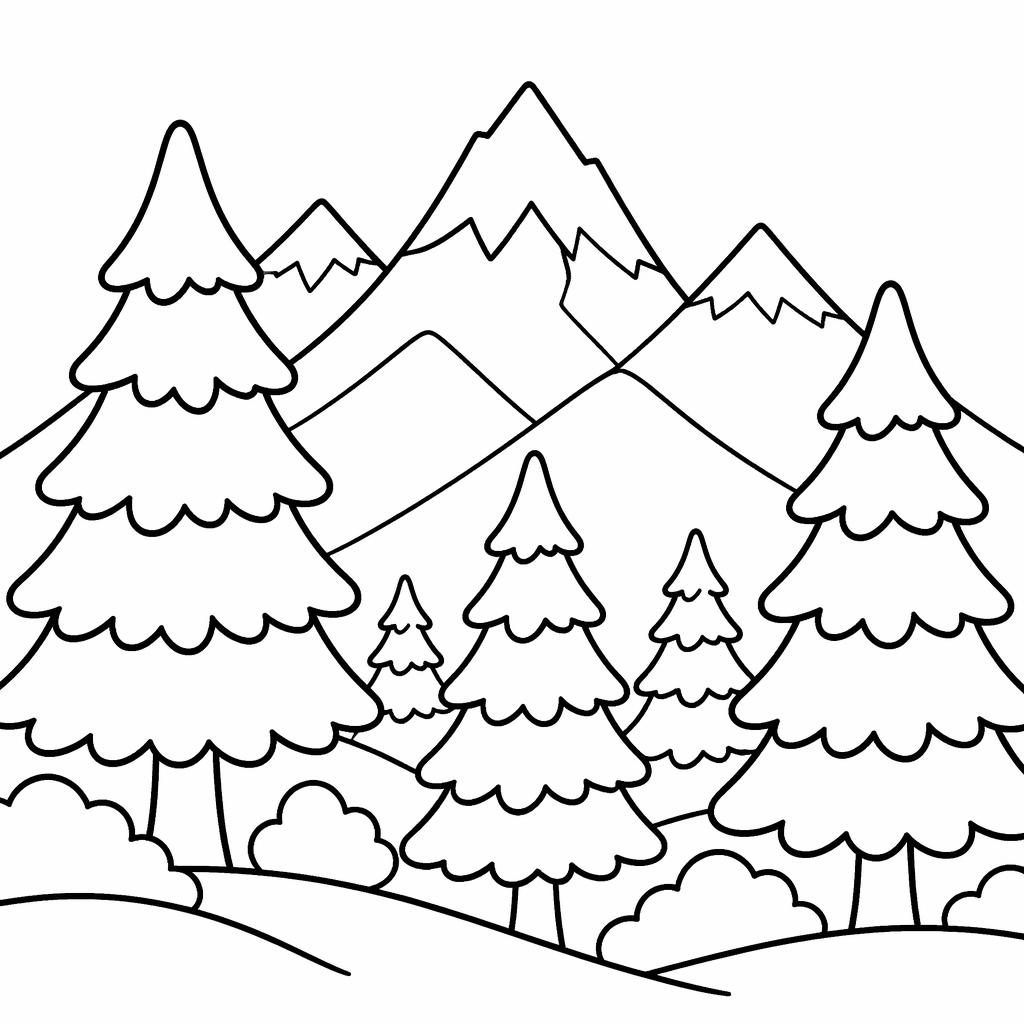 Schlichte Ausmalbild-Illustration mit Bergen und Tannenbäumen in dicken schwarzen Konturen auf weißem Hintergrund.