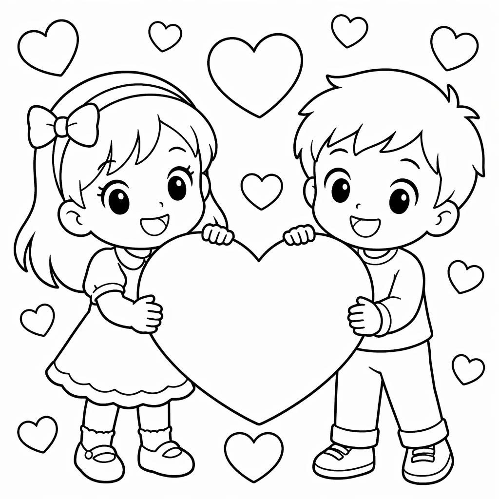 Black-and-white coloring page of kids with Valentine hearts in a manga-inspired line-art style for kindergarten.