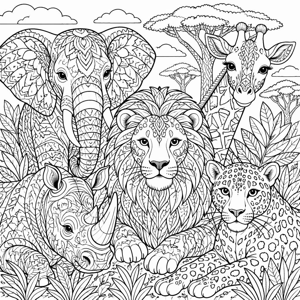Ilustración para colorear en blanco y negro de animales de safari estilo zentangle, con contornos limpios y fondo blanco.