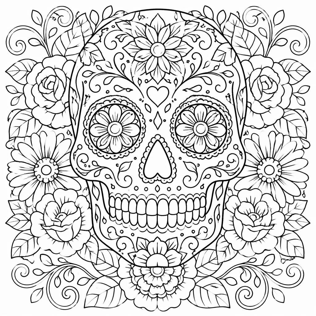Illustration en noir et blanc d’une tête de mort sucre Dia de los Muertos, avec motifs détaillés et contours nets.