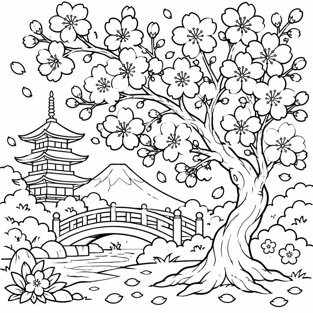 Black-and-white coloring page line art of a Japanese cherry blossom scene in a manga-inspired style with bold outlines.