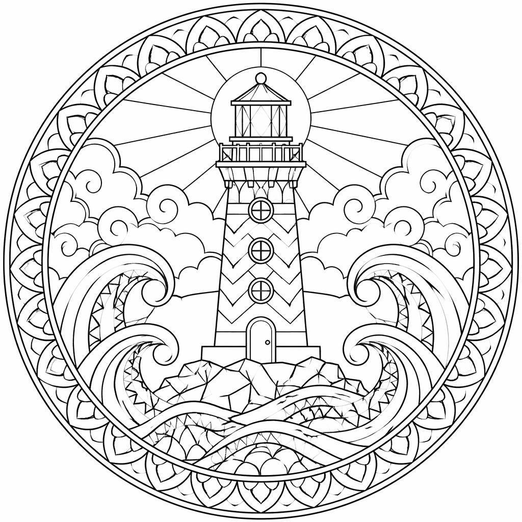 Black-and-white coloring page with a lighthouse, ocean waves, and mandala-style geometric line art for adults.
