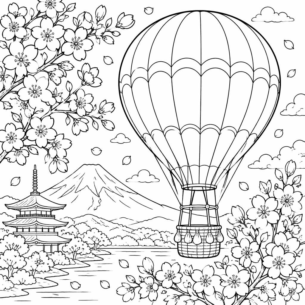 Black-and-white coloring page showing a hot air balloon with Japanese cherry blossoms in simple manga-style line art.