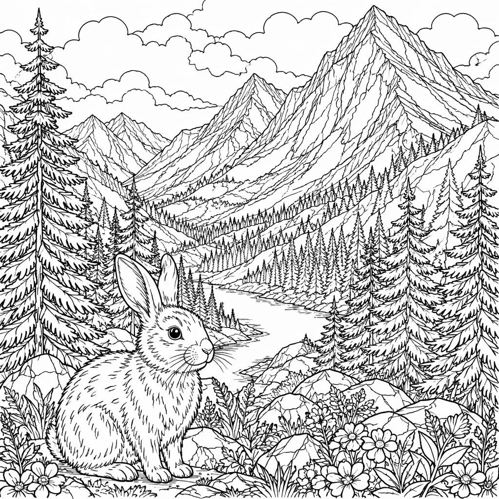 Black-and-white coloring page with detailed mountains and pine trees in clean printable line art.