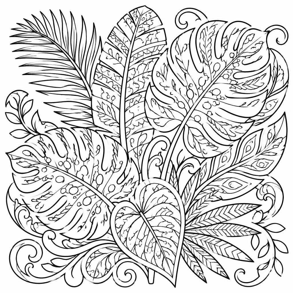 Ilustración para colorear en blanco y negro de hojas tropicales estilo zentangle con contornos limpios y fondo blanco.