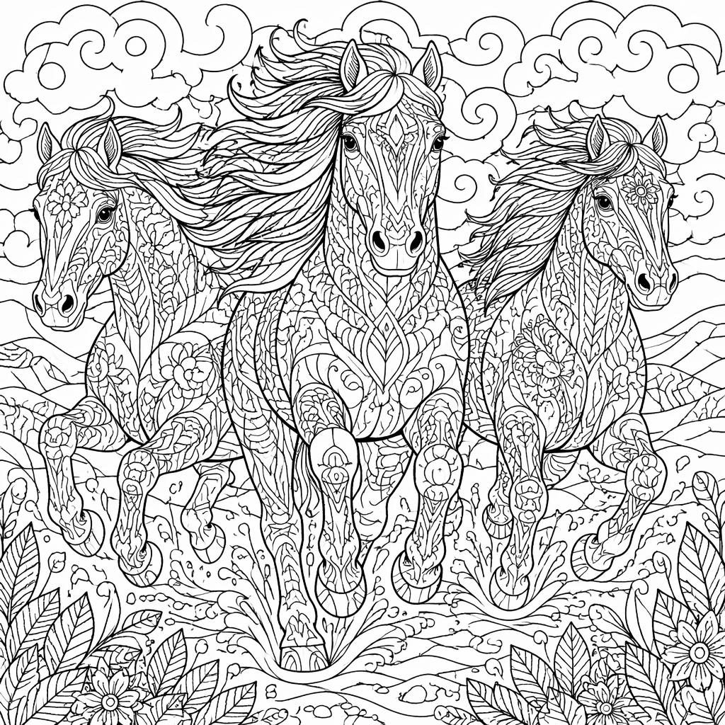 Illustration noir et blanc de chevaux courant, style zentangle très détaillé, contours nets sur fond blanc.