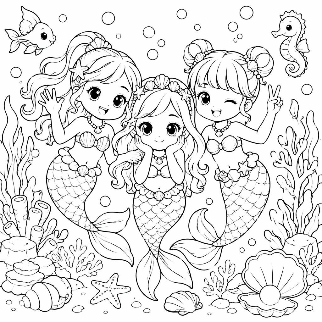 Illustration à colorier en noir et blanc d’une sirène sous la mer, style manga simple, contours nets pour enfants.