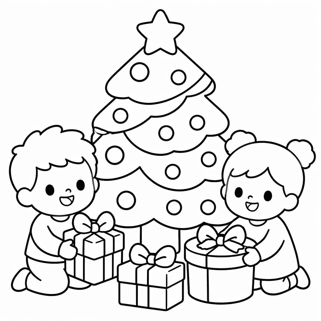 Schlichte Schwarz-Weiß-Ausmalbild-Illustration mit Weihnachtsbaum, Geschenken und Kindern in dicken Linien.