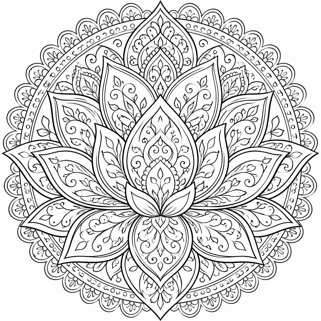 Illustration noir et blanc d’un mandala lotus adulte, style manga, avec contours fins et formes fermées à colorier