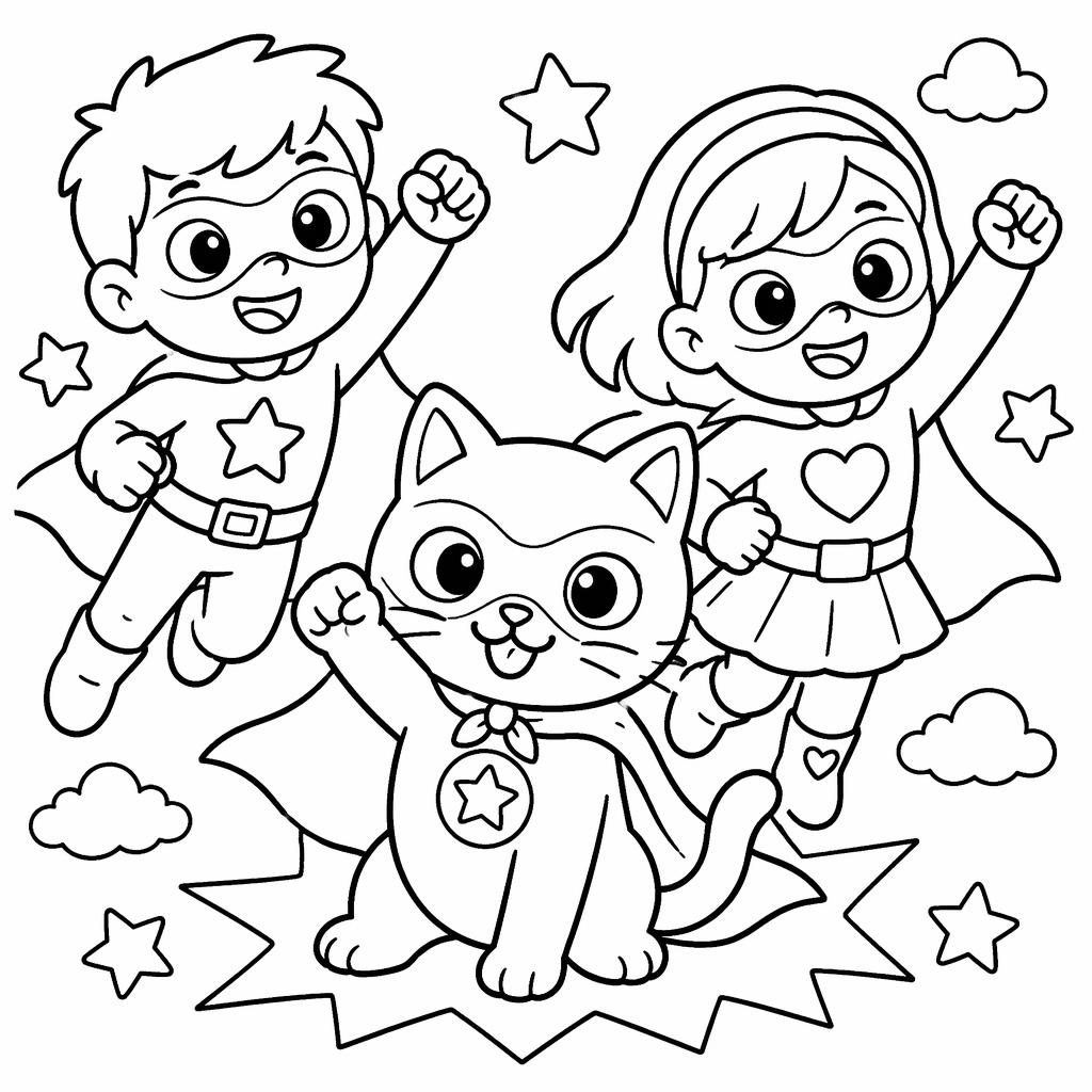 Ilustración para colorear en blanco y negro de un gato y niños jugando, con líneas gruesas y estilo doodle simple.