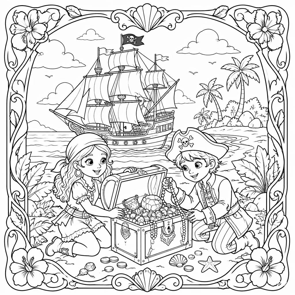 Schwarz-weiße Ausmalseite mit Piratenschiff, Schatz und Kindern im detailreichen Jugendstil als klare Linienzeichnung.