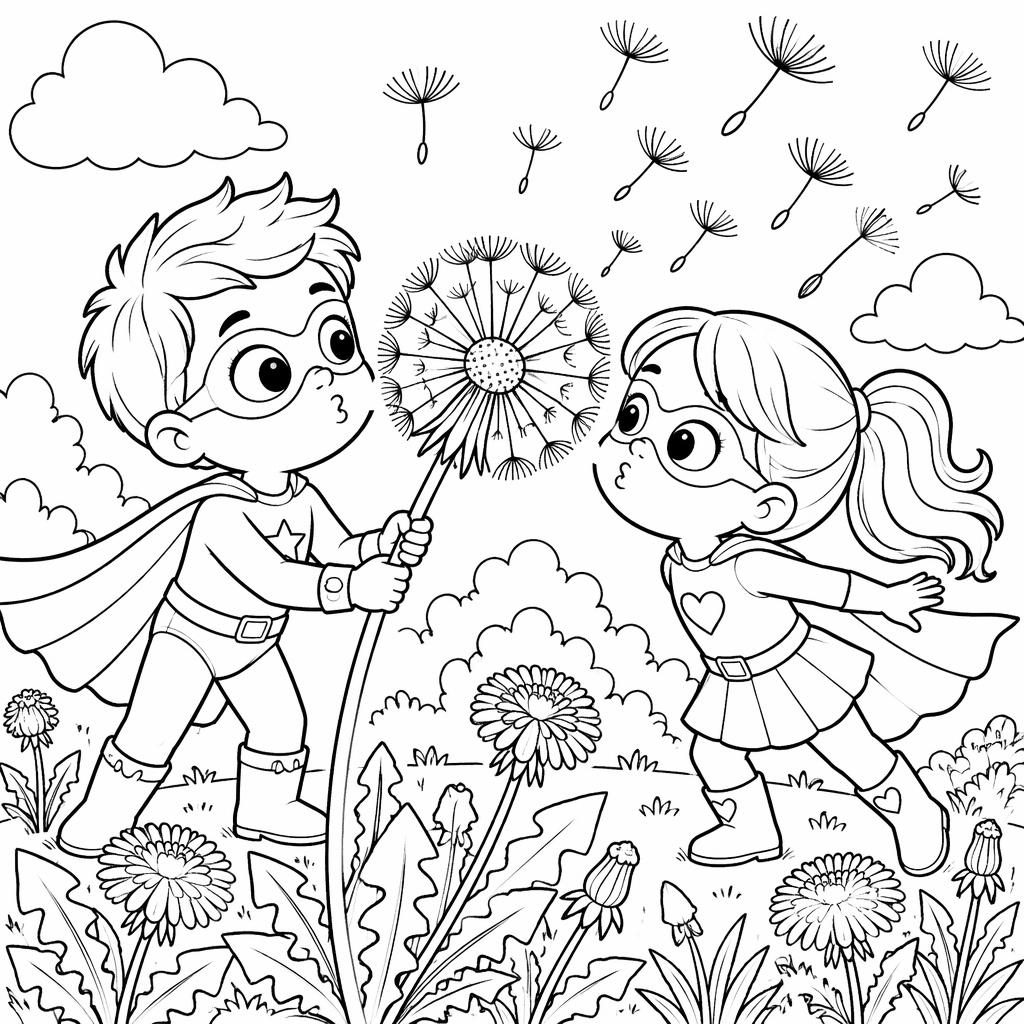 Schwarz-weiße Ausmalseite mit niedlichen Superhelden-Kindern in sauberer Line-Art auf weißem Hintergrund.