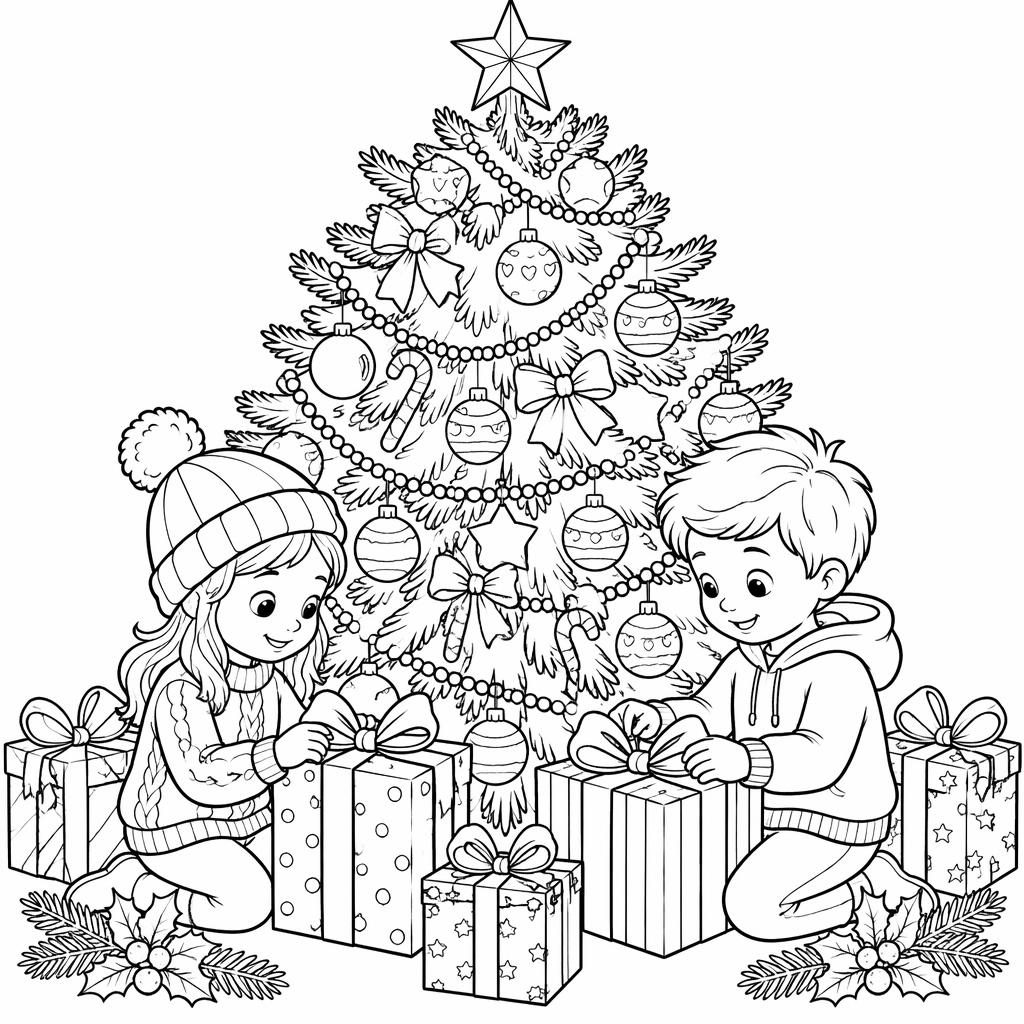 Illustration à colorier en noir et blanc avec un sapin de Noël, des cadeaux et des enfants, en contours nets.