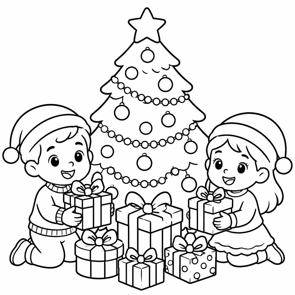 Black-and-white coloring page with a Christmas tree, wrapped presents, and kid-friendly chunky mandala-style outlines.