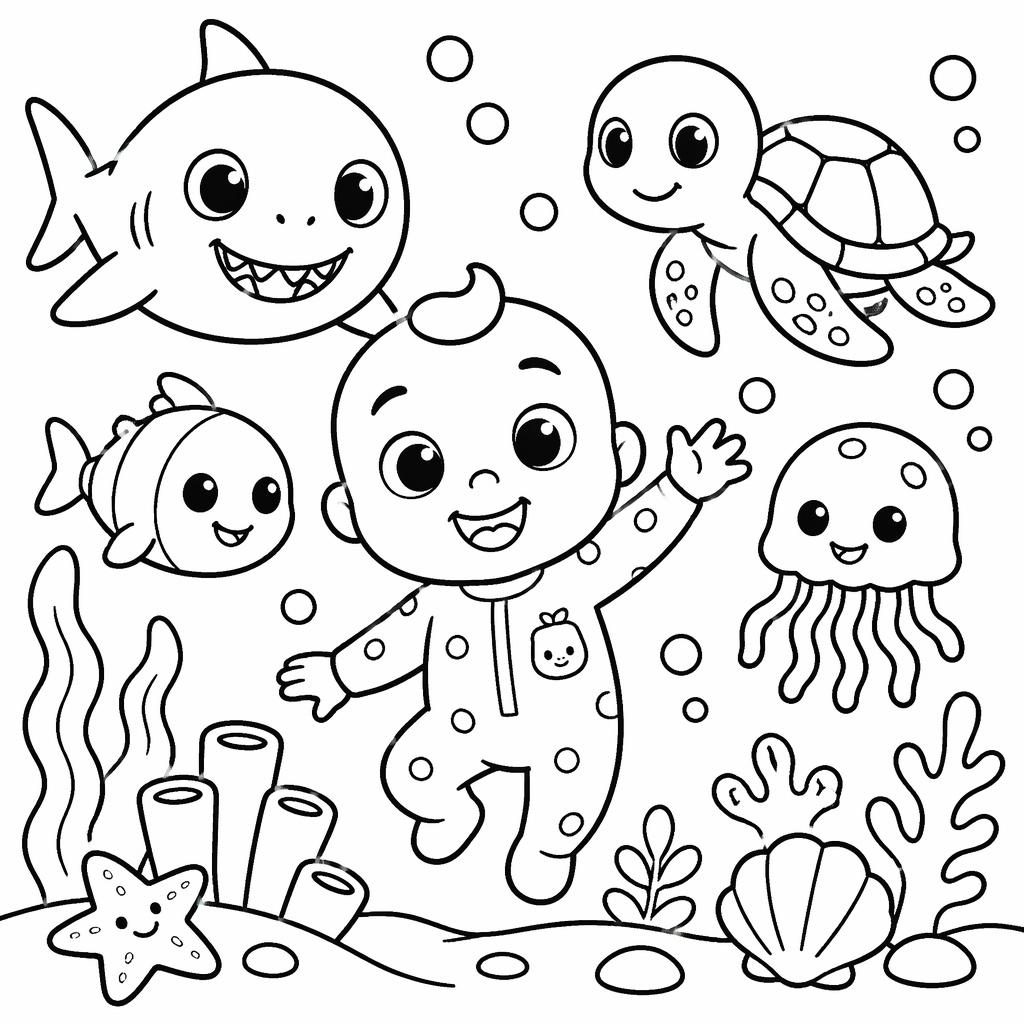 Black-and-white toddler coloring page with a simple underwater ocean scene, fish, sea plants, and chunky outlines.