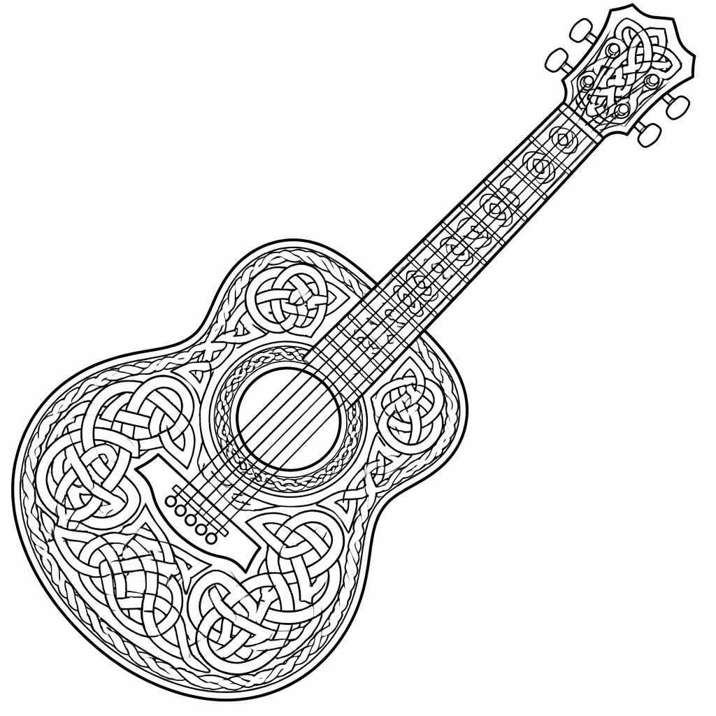 Illustration noir et blanc d’une guitare à colorier avec motifs de nœuds celtiques détaillés, contours nets sur fond blanc.