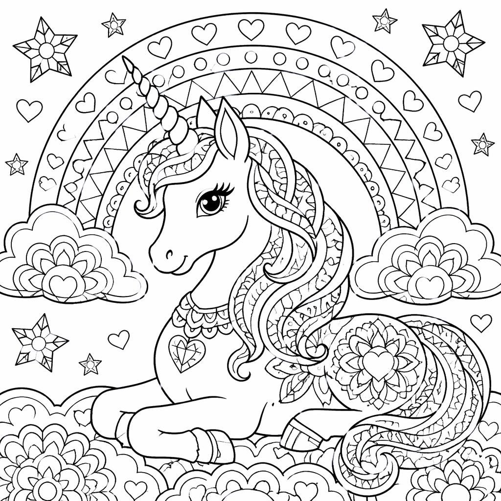 Illustration à colorier en noir et blanc d’une licorne simple avec arc-en-ciel, style mandala géométrique.