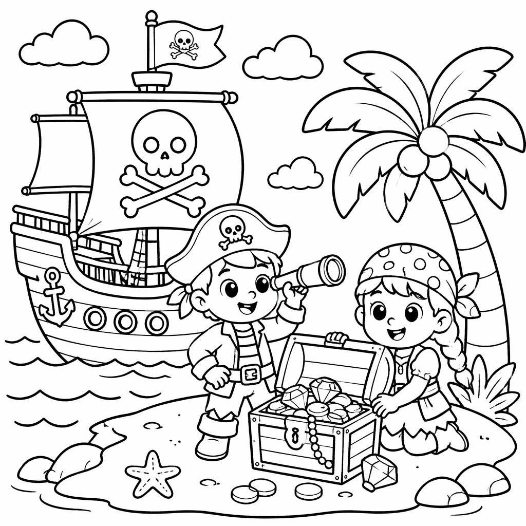 Black-and-white coloring page of a cute pirate ship with treasure and kids, drawn in chunky cartoon outlines.