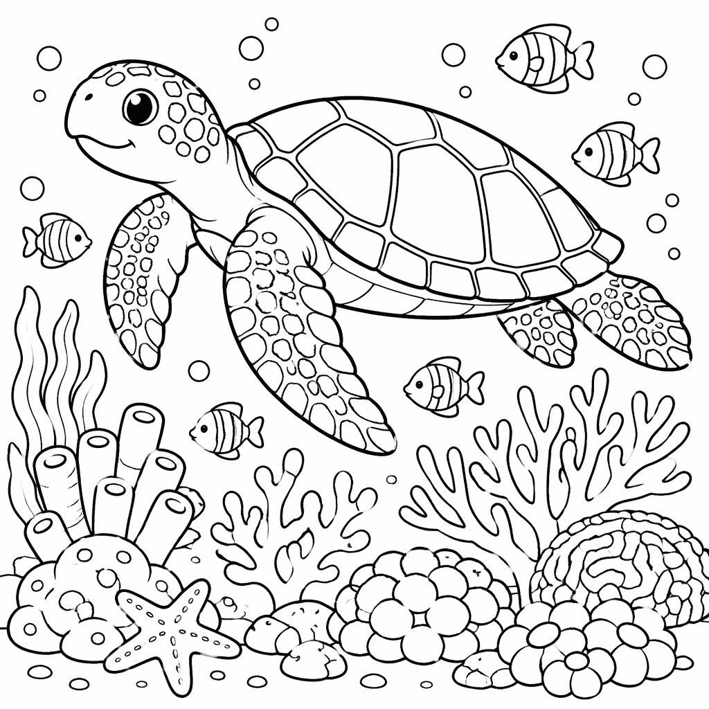 Illustration noir et blanc d'une tortue de mer adulte sur un récif, style manga, gros contours pour coloriage