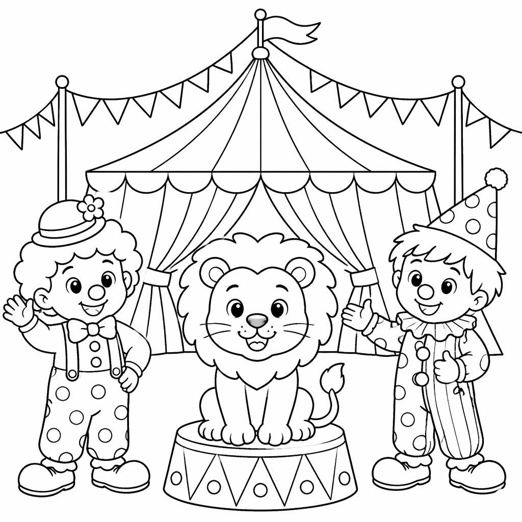Schwarz-weiße Ausmalseite mit Zirkuszelt, Clowns und kinderfreundlicher Zirkusszene in klaren, dicken Linien.