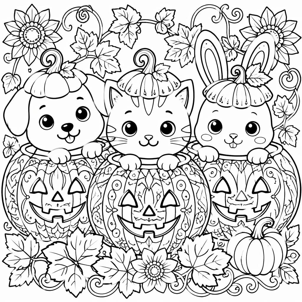 Ilustración para colorear en blanco y negro de una calabaza de Halloween con niños, estilo tierno y detalles intrincados.