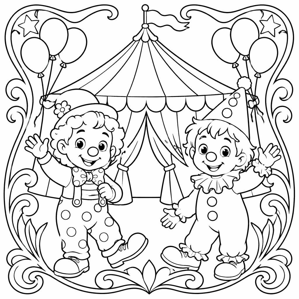 Schwarz-weiße Ausmalseite mit Zirkuszelt, fröhlichen Clowns und kindgerechter Manege im Jugendstil.