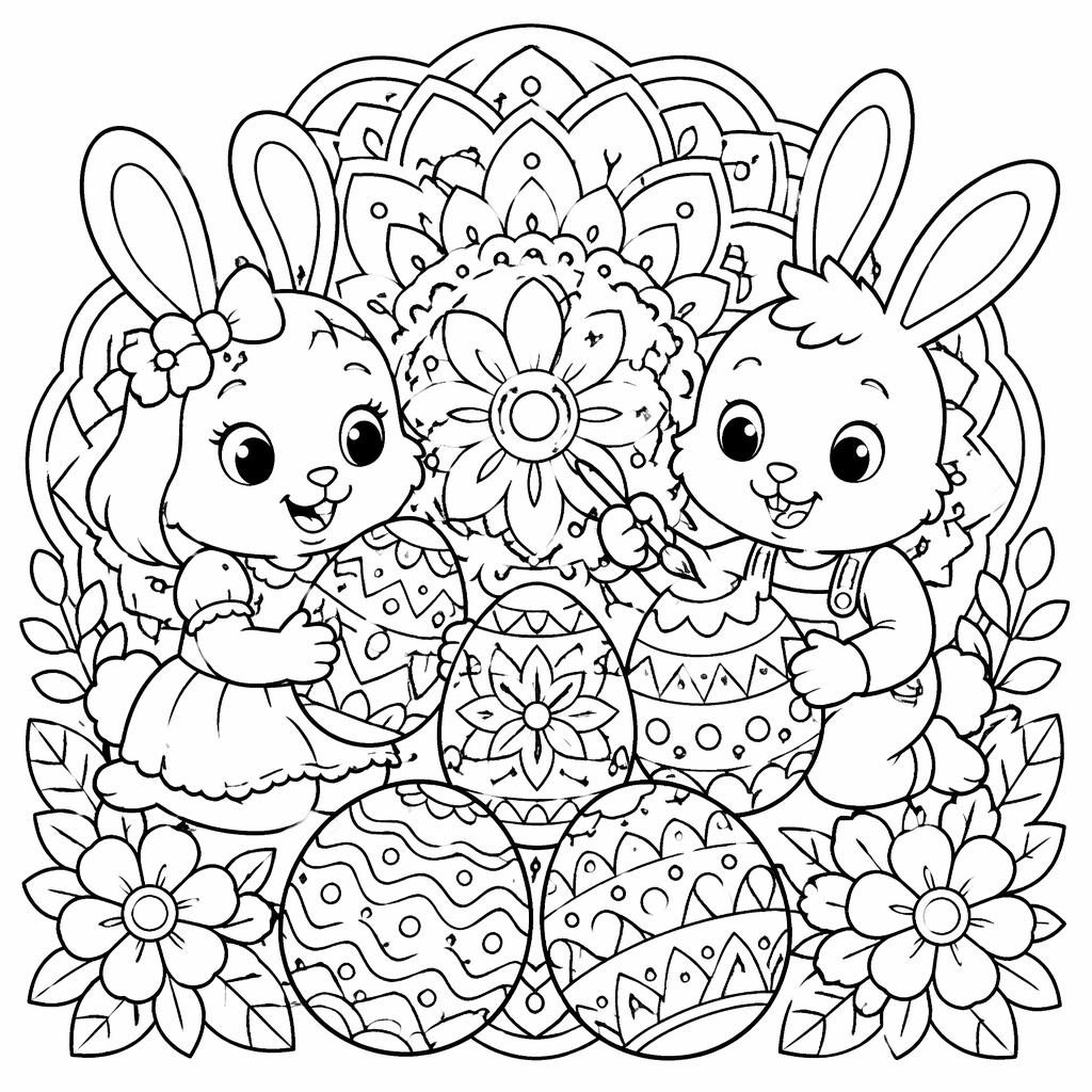 Página para colorear en blanco y negro con conejitos niños, huevos de Pascua y detalles geométricos tipo mandala