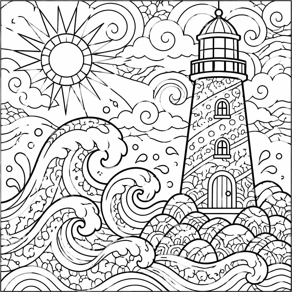 Schwarz-weißes Ausmalbild mit Leuchtturm und Wellen im Zentangle-Stil, mit dicken Konturen für Kinder.